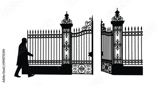 An ornate wrought iron gate stands open with a person walking by in a striking silhouette high quality professional detailed modern