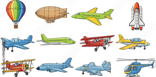 aircraft collection, aviation transport, airplane set, flying vehicles, helicopter, jet plane, hot air balloon, space shuttle, vintage biplane