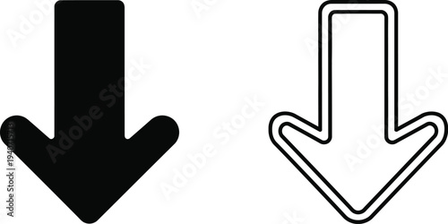 Black and white down arrows icons isolated on transparent background, Vector
