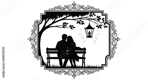 A romantic couple sits on a park bench beneath a tree and glowing lantern presented as a silhouette high quality professional