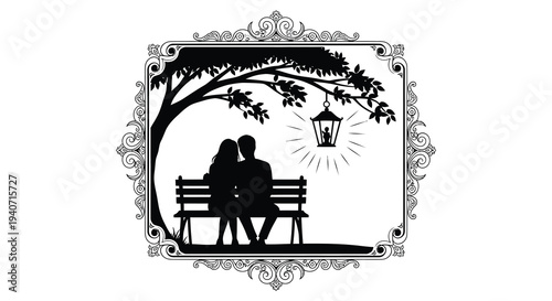 A romantic couple sits on a park bench beneath a tree illuminated by a lantern detailed silhouette high quality professional modern