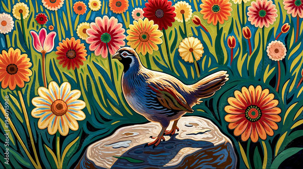 Fototapeta premium A blue-gray partridge stands on a rock amidst a vibrant, colorful garden filled with daisies and other wildflowers under bright sunlight.