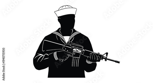 A striking black silhouette depicts a sailor armed with a rifle showcasing military readiness and strength silhouette high quality professional detailed