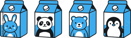 Cute Cartoon Animals in Blue Milk Cartons: Bunny, Pandas, and Penguin
