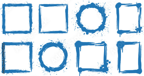 Collection of Blue Grunge Frames and a Splatter Circle on White Background
