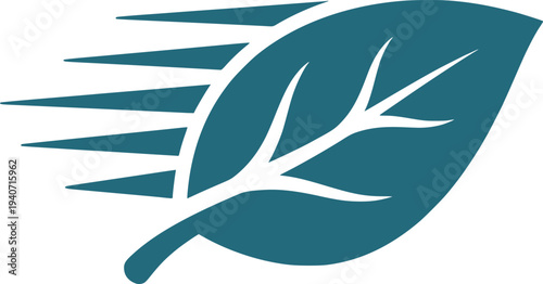 Stylized Teal Leaf with Streaks and Shadow on White Background
