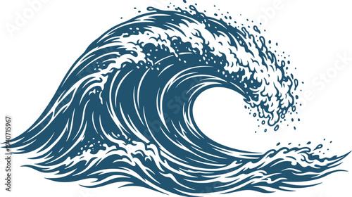 Stylized of a Crashing Ocean Wave with Blue and White Tones

