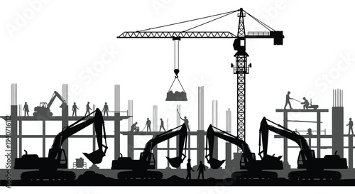 A black and white cityscape depicts construction with cranes workers and heavy machinery presented as a silhouette high quality professional detailed