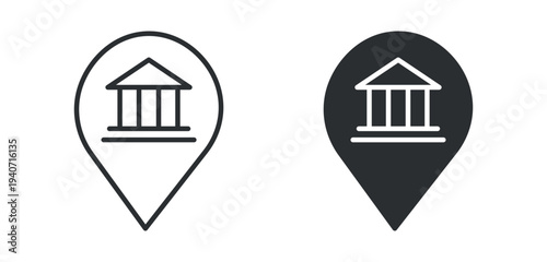 Museum location icon set, map pin with classical building symbol, outline and solid silhouette style. Vector illustration.