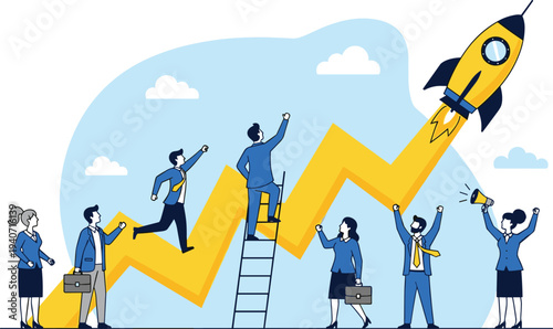 Business growth success concept, team climbing graph with rocket launch leadership achievement startup progress motivation flat vector illustration