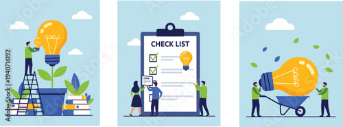 Business idea development concept with checklist planning innovation lightbulb teamwork project management creative process flat vector illustration set