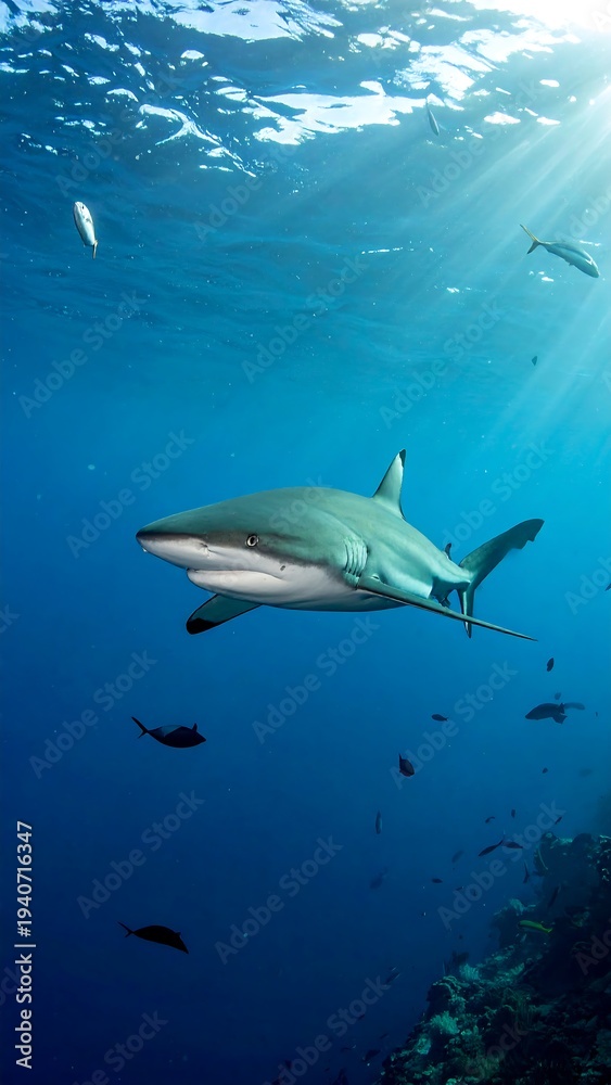 Obraz premium A shark swims underwater near a coral reef with sunlight