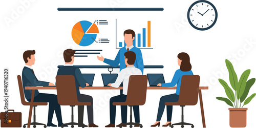 Business meeting presentation with team analyzing charts graphs strategy planning corporate office discussion teamwork flat vector illustration concept