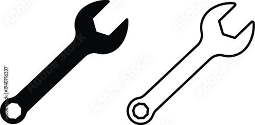 Black and white adjustable wrenches on plain background isolated on transparent background, Vector