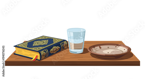 An ornate blue and gold Quran, a glass of water, and a decorative brown plate are carefully arranged on a textured wooden table.