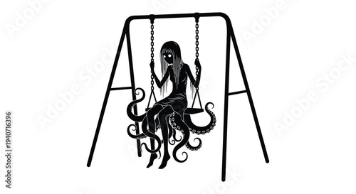 A dark and surreal illustration depicts a figure with tentacles on a swing creating a haunting silhouette high quality professional detailed