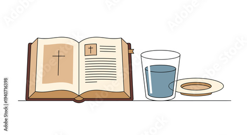 An open Bible with a cross, a glass of water, and a small empty plate are neatly arranged on a white surface in a hand-drawn style.