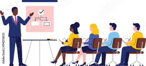 Business training presentation, corporate meeting seminar workshop teamwork leadership coaching office employees learning professional development concept vector illustration