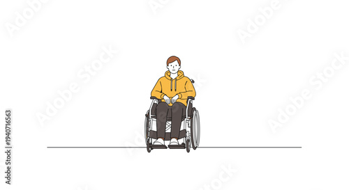 A young person with brown hair, wearing a yellow hoodie, sits facing forward in a manual wheelchair against a plain white background.
