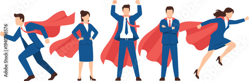 Business superhero concept with confident businessman and businesswoman wearing red cape leadership success motivation corporate hero flat vector illustration set