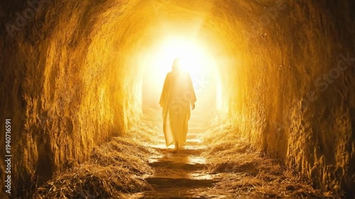 Silhouette of a man walking in a glowing tunnel with warm light. Easter, Pascha, Paskha, Ostern, Pascua, Paques - Orthodox and Catholic Holiday celebration