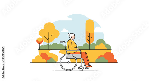 An elderly woman with grey hair, wearing a yellow top, sits in a wheelchair, seen in profile within a vibrant outdoor park setting.