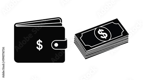 Wallet and cash illustration depicting financial resources black silhouette