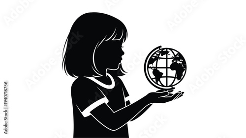 Young girl holding a world globe a striking black silhouette