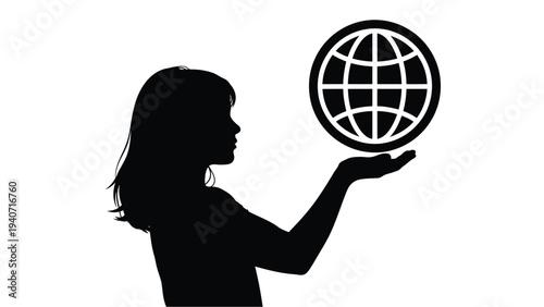 A young woman gazing at a globe in stark silhouette
