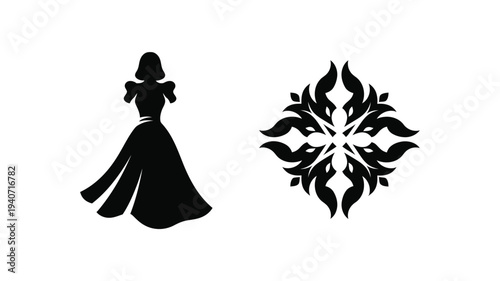 Elegant woman in a flowing dress and floral design a striking silhouette