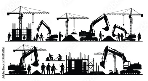 A black silhouette depicts a bustling construction site with cranes excavators and workers showcasing urban development silhouette high quality professional detailed