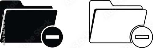 Black and white folder icons with minus sign isolated on transparent background, Vector