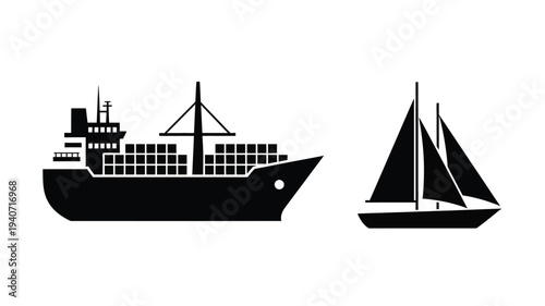 Black silhouettes of a cargo ship and a sailboat on white background