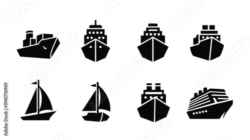 Collection of various boat and ship designs in black silhouette