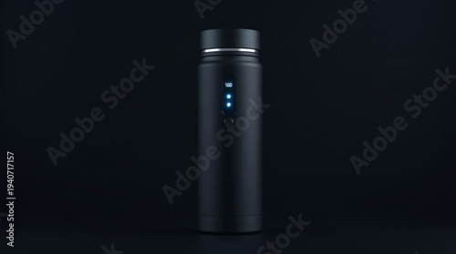 Sleek black smart water bottle with digital display showing temperature, stylish design.