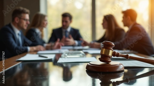 Judge gavel on desk during lawyers negotiation meeting