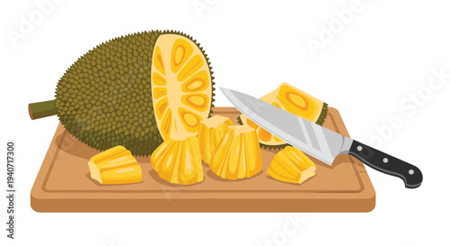 A large green jackfruit, partially opened with multiple yellow chunks removed, is displayed alongside a sharp knife on a wooden cutting board.
