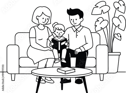 Family bonding moment captured in a cozy living room setting with a book, wqe (599) illustration