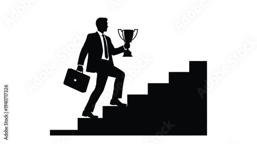 Business professional ascends stairs holding a trophy a success silhouette