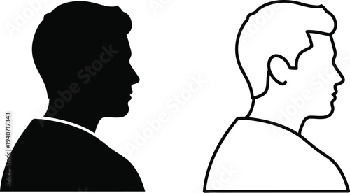 Silhouette and line art male profiles contrast isolated on transparent background, Vector