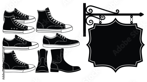 Collection of footwear and a blank sign all in black silhouette