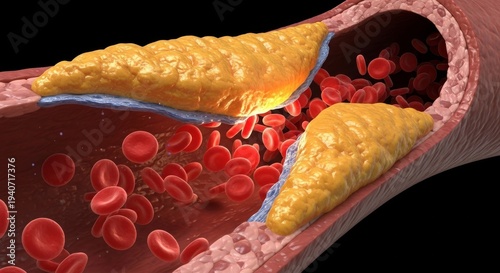 3D medical illustration of a human artery cross-section with yellow cholesterol plaque buildup and red blood cells flowing through a narrowed vessel on a black background