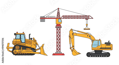 Construction site illustration featuring a crane bulldozer and excavator in a flat graphic silhouette high quality professional detailed modern elegant stylish
