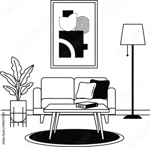 Living room interior with sofa, coffee table, and lamp in minimalist style wqe reference