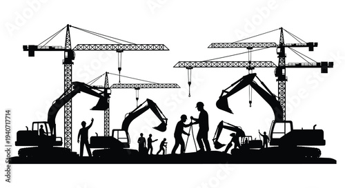 A busy construction site with various heavy machinery and workers depicted in a striking black silhouette high quality professional detailed modern