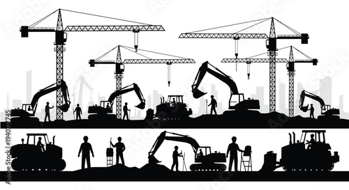 A striking black silhouette depicts a bustling construction site with cranes excavators and workers silhouette high quality professional detailed modern elegant
