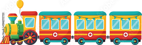 Colorful cartoon train illustration with carriages, kids toy locomotive, flat vector style, playful nursery transport design, isolated background, cheerful education