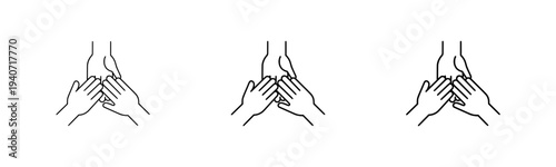 Minimal Line Art Illustration of Helping Hands, Support and Care Concept with Three Hands Assisting Each Other, Simple Black Outline on Light Background