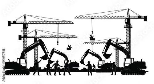A striking black and white silhouette depicting a bustling construction site with cranes excavators and workers silhouette high quality professional detailed
