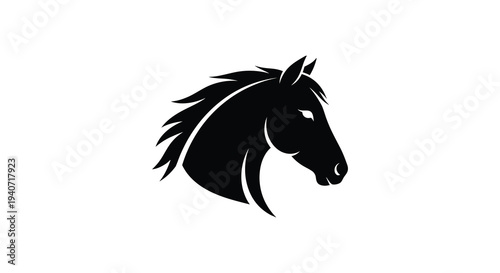 A striking black horse head is powerfully depicted in a minimalist bold silhouette high quality professional detailed modern elegant stylish clean
